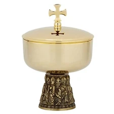Last Supper Ciborium with Cross Cover, High Polish Brass, holds 250 Hosts - DS