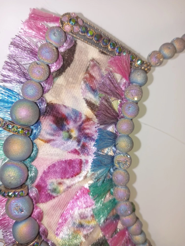 Gargantilha Michal Negrin colar roxo turquesa frisado cristais borlas ISRAEL - Imagem 3 de 4