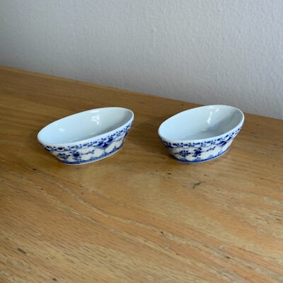 Pair (2) Royal Copenhagen Blue Fluted Half Lace Salt Cellars 1stQ Excellent 1963