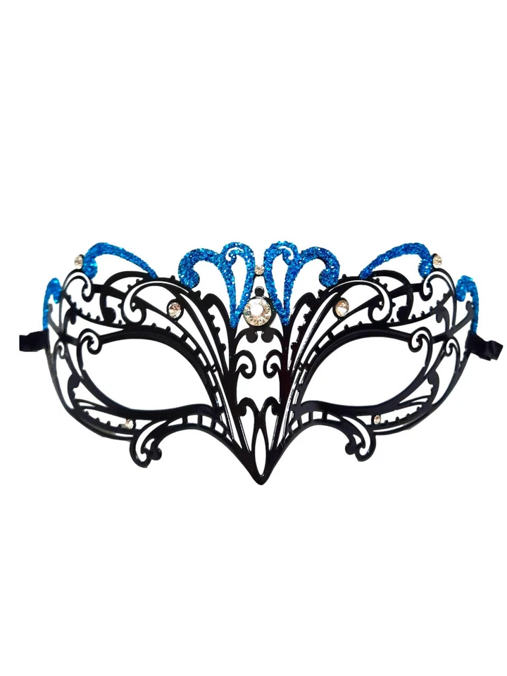 Turquoise Petite Black Crystal Glitter Masquerade Metal Filigree Mask - Image 2 of 4