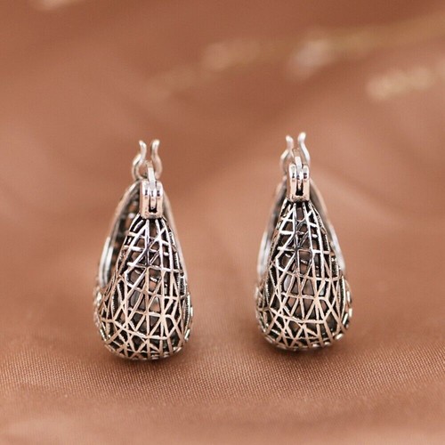 Pendientes de aro con bisagras ovaladas de plata esterlina oxidada huecos en mala forma A4486 - Imagen 5 de 12