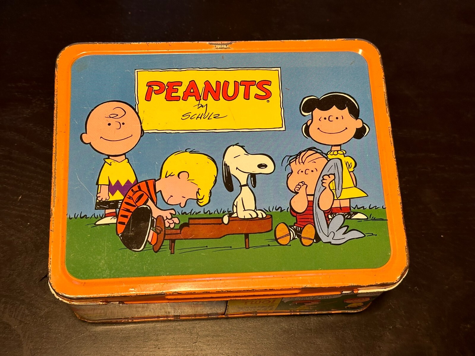 Vintage 1970's Peanuts Metal Lunch box Orange Rim No Thermos Snoopy