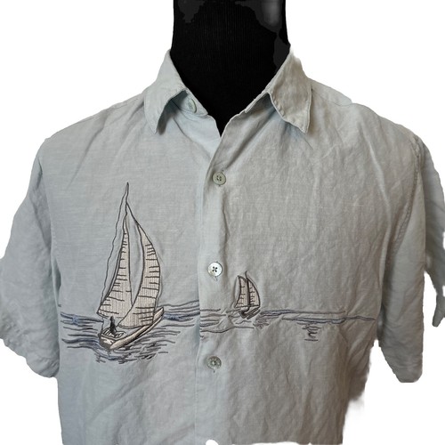 Tori Richard Embroidered Sail Boats Mens L Linen Silk Blend Light Blue - Picture 3 of 10