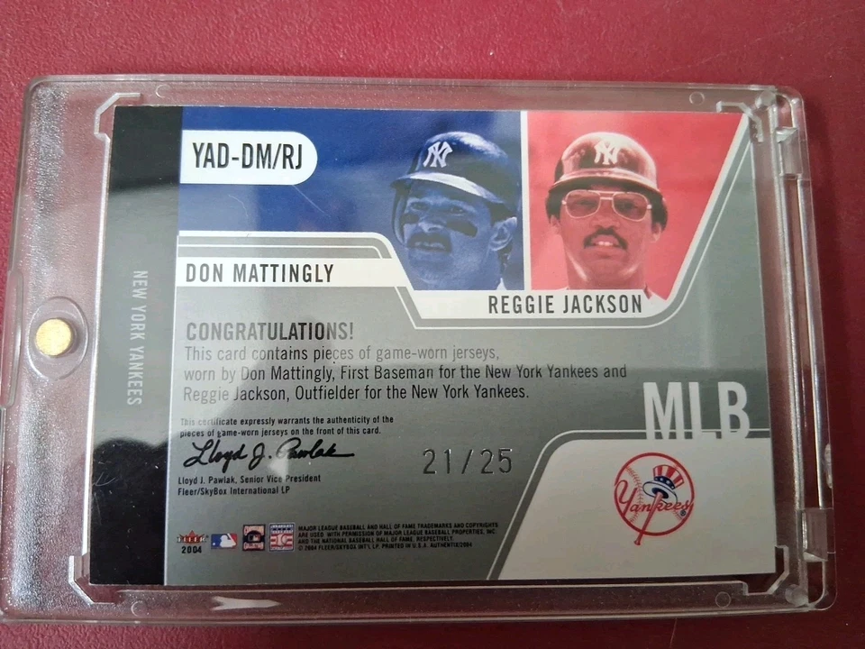 Camiseta Fleer Authentix 2004 doble reliquia Don Mattingly-Reggie Jackson 21/25 rara Foto 2 de 2