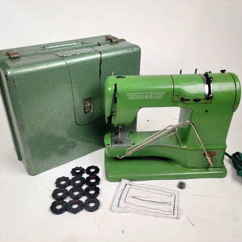 VTG 1953 Elna Supermatic Sewing Machine 722010 w Convertible Case & 11 Cam Discs