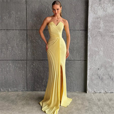 Mermaid Customized Evening Dresses Yellow Crumpled High Slit Party Carpet Gowns