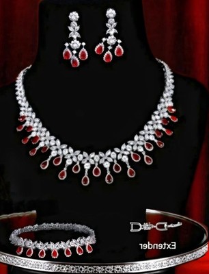 Simulated Red Garnet & 18K White Gold Plated Statement Bridal Jewelry Set