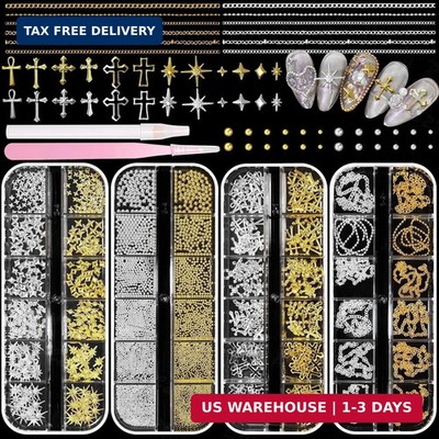 Gold Silver Caviar Nail Beads, 3D Starburst Chain Cross Nail Charms, Alloy Star