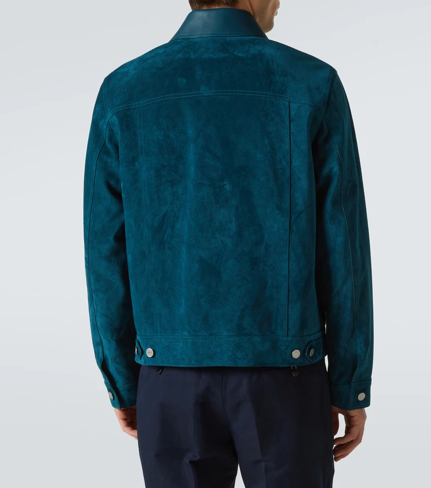 Mens Navy Blue Suede Leather Trucker Jacket Custom Made Size S M L XL 2XL 3XL - Image 2 of 4