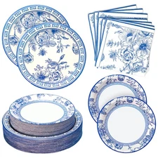 180 PCS Blue White Floral Party Supplies Plates Napkins Kit Wedding Serves 60