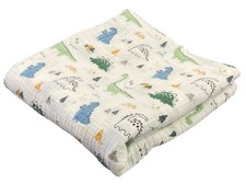 Muslin Baby Blanket Dinosaur Print 39x41 Cotton Swaddle Neutral Greens Blues