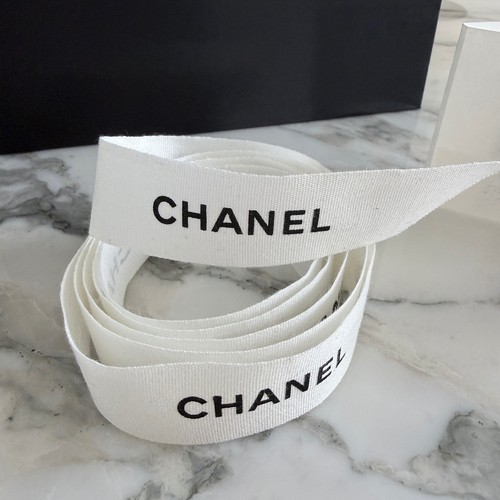 Chanel White Cotton Ribbon Black Logo Authentic Designer Gift Wrap Crafting 70"