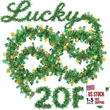 【20/40/60/80 FT】 St Patricks Day Garland Decor Gold Green Shamrock Hat Tinsel