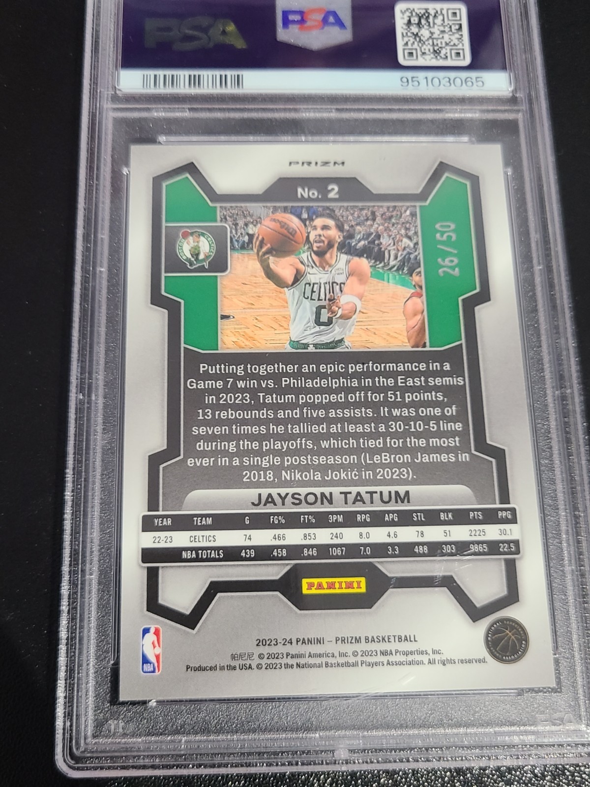 2023 Panini Prizm JAYSON TATUM Pink Fast Break ##/50 #2 PSA 10 view 3
