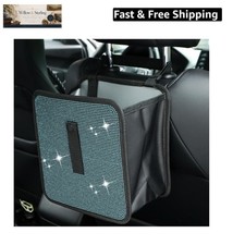 Foldable Car Trash Can, Bling Rhinestone Oxford Auto Hanging Garbage Bag, Cry...