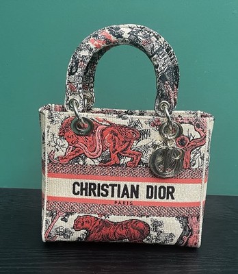 Authentic Christian Dior Embroidered Canvas Medium Lady D-Lite Bag