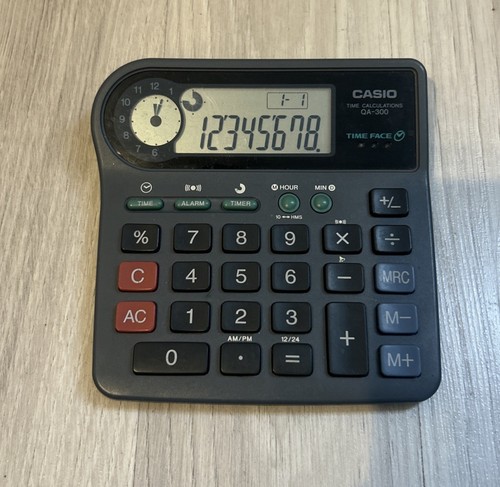 Vintage Casio Time Face QA-300 Taschenrechner - Grau / Funktioniert super /