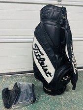 Premium Titleist Black/White Staff Tour Faux Leather Cart Golf Bag W/ Rain Cover