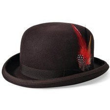 Mens Bowler Hat 100% Wool Black Womens Derby Hats with Feather 7 5/8 Brown