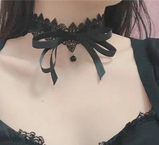 BOW SHAPED CENTRE  BLACK LACE FLOWER BEAD  GOTH GOTHIC VICTORIAN LOOK NECKLACE
