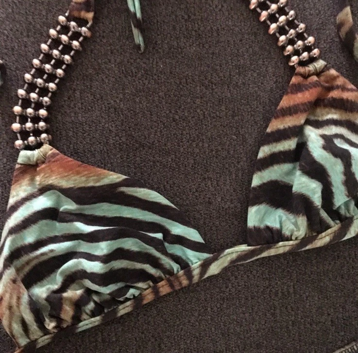 Beach Bunny Wild Blue Zebra Bikini Metal Ball Accent Set Top L/Bottoms XS Tiger - Image 4 of 4