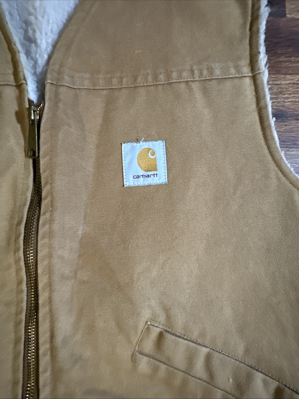 Vintage Carhartt Vest Mens Medium Brown Sherpa Lined Duck Canvas Zip Workwear