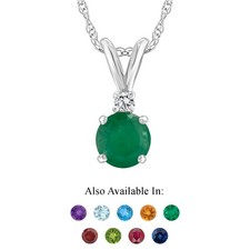 14K White Gold 5mm Round Genuine Natural Emerald Diamond Accent Pendant Necklace