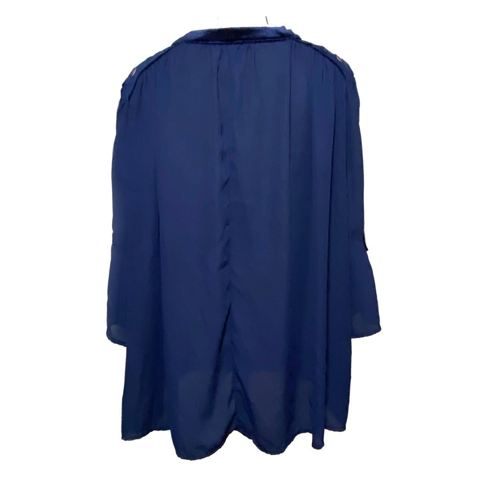 MISS LILI Embroidered Red Floral Velour  Sheer Blouse Size 1X Navy Blue image 2