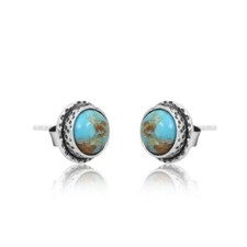 Hammered Texture Stud Earrings With Kingman Turquoise 925 Silve Handmade Jewelry