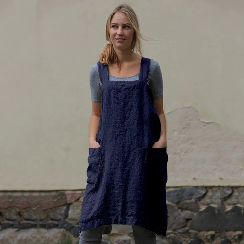 Lässiges lockeres Damenkleid Baumwolle Leinen Hausarbeit Wickeloptik gekreuzter Rückenschürze - Bild 6 von 26