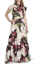 Tahari ASL Women's Flutter Sleeve Ruffle Neck Lace Gown Blush Rose Floral Size 8