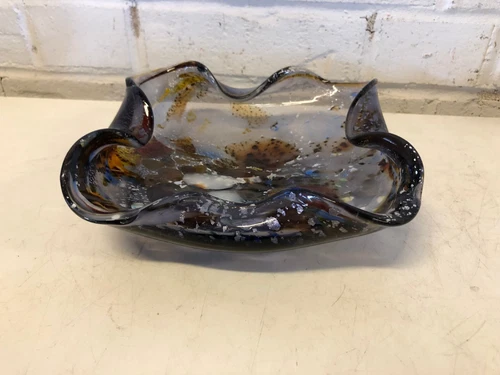 Vintage Murano Art Glass Multicolored Paint Speckled Bowl with Ruffled Rim