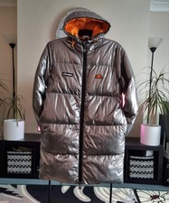 Womens Ellesse Silver Metallic Long Puff Jacket Size 8 Uk
