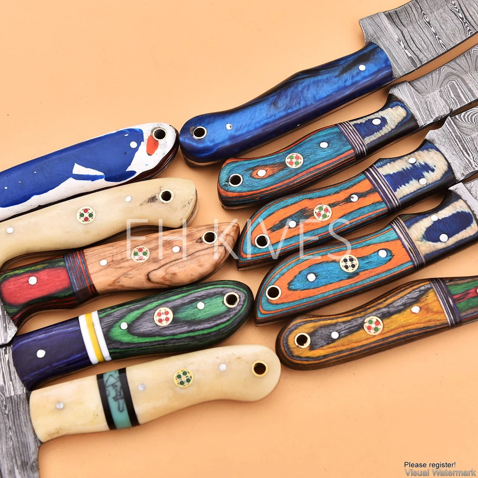 Lote de 20 cuchillos desolladores afilados de caza de acero Damasco hechos a mano con fundas Foto 3 de 4