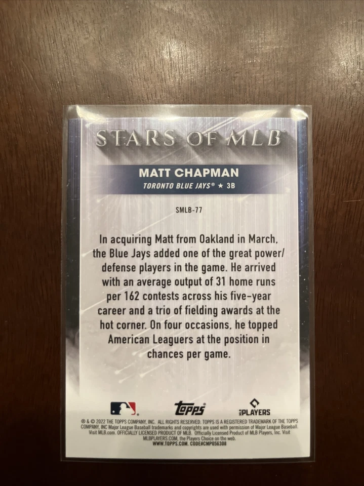 2022 Topps Stars of MLB Matt Chapman #SMLB-77 Toronto Blue Jays - Image 2 of 2