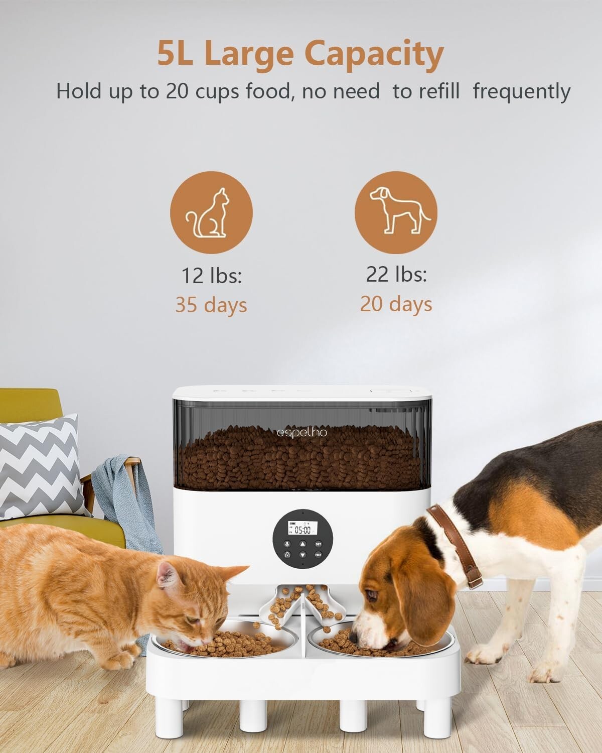 Espelho Elevated Automatic Pet Feeder Dual Cat Dog Food Dispenser Timed