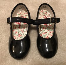 EUC Girls Capezio Black Patent Leather Adjustable Tele Tone Tap Shoes Sz 10.5M