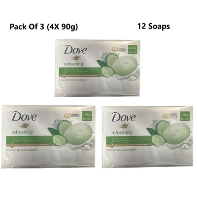 3x DOVE Refreshing Beauty Cream Bar 4 X 90g (12 Soaps)
