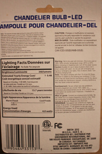 Intertek 4 Watt (40W) LED B10 Chandelier 3000K 340 Candelabra Light Bulbs 2-PACK - Picture 2 of 2