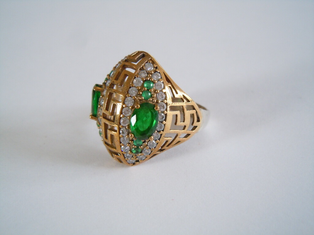 Ring 925 Silver Two Tone Meander Pattern Stones G… - image 2