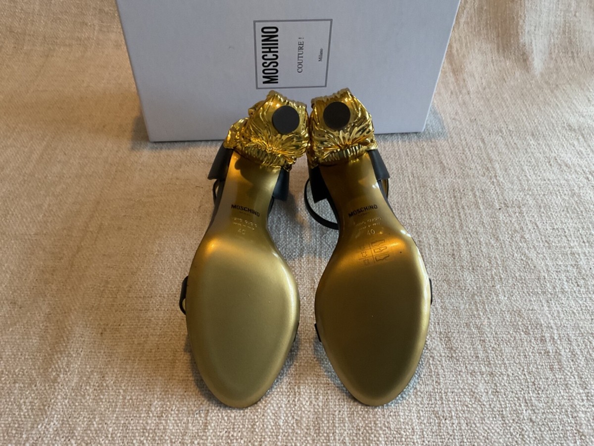 MOSCHINO Gold Heel Strappy Sandals Sculpted Baroque Black Uk 7