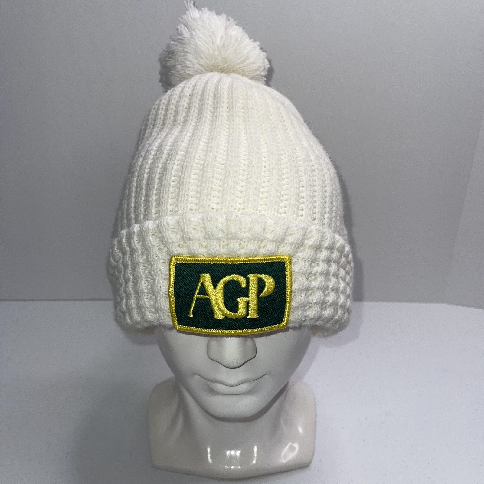 Vintage White AGP K-products USA Farm Hat Winter Pom
