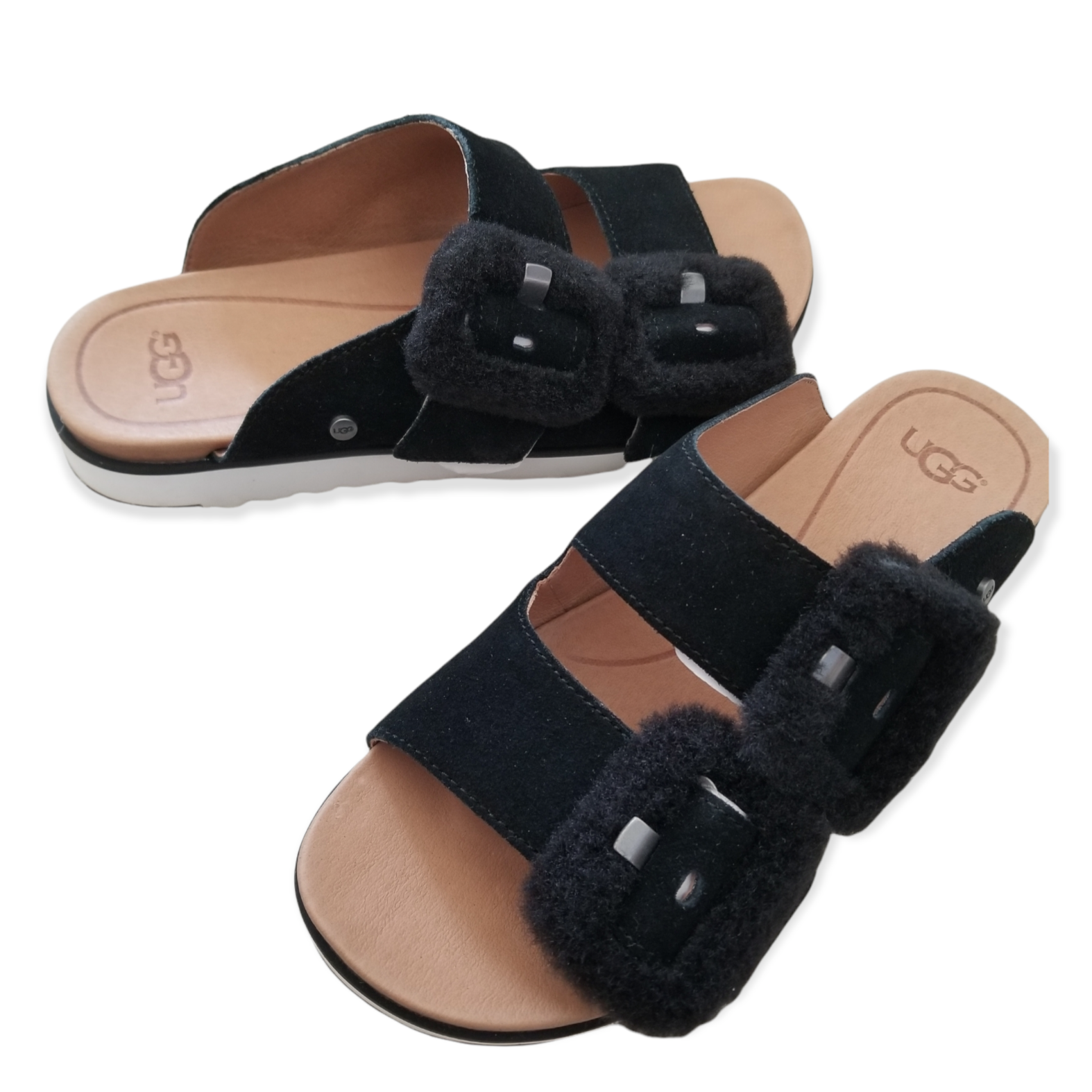 UGG Fluff Indio Women's Suede Slide Sandal w Fuzz Buckle Black SELECT SIZE  NWT | eBay