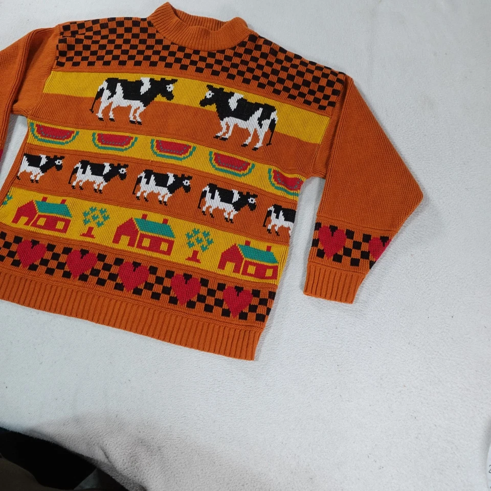 Suéter Tejido Abuela De Colección Para Mujer Mediano Naranja Vacas Granja Exterior Animales Estados Unidos Foto 2 de 4