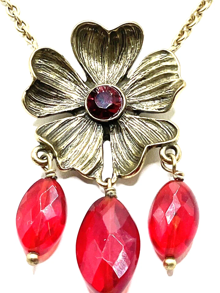 Collar Lavalier Rojo Cristal Flor Amapola Oro Diseño Danés Peregrino De Colección Foto 4 de 4