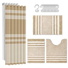 Beige Stripes Bathroom Sets with Shower Curtain and Rugs, Minimalist Beige 4