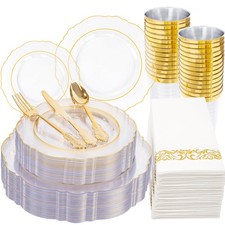 210Pcs Clear and Gold Plastic Plates - Heavy Duty Clear Plates with Gold Rim ...
