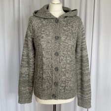 Super Cute 00s Light Grey Cable Knit Hoodie with Chunky Buttons Size M