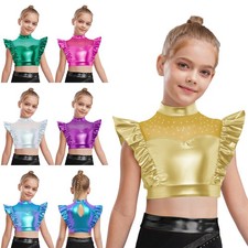 Kids Girls Crop Tops Jazz Tank Top Patchwork Dancewear Clothing Mock Neck Rave