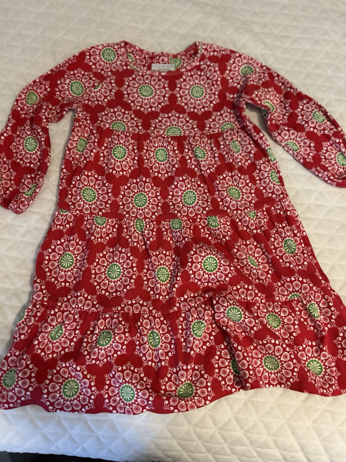 Green Cotton by Garnet Hill Kids Girl’s Patterned Tiered Long Sleeve Dress 6